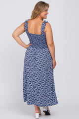 Navy Floral Sleeveless Smocked Plus Maternity Maxi Dress