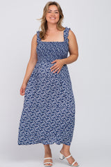 Navy Floral Sleeveless Smocked Plus Maternity Maxi Dress