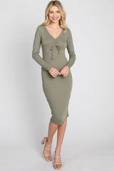 Olive Ribbed Front Drawstring Midi Dress