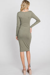 Olive Ribbed Front Drawstring Midi Dress