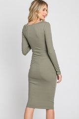 Olive Ribbed Front Drawstring Midi Dress