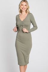 Olive Ribbed Front Drawstring Midi Dress