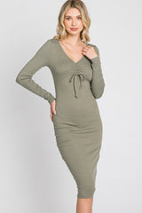 Olive Ribbed Front Drawstring Midi Dress