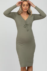 Olive Ribbed Front Drawstring Maternity Midi Dress