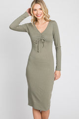 Olive Ribbed Front Drawstring Midi Dress