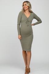 Olive Ribbed Front Drawstring Maternity Midi Dress