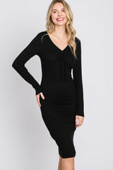 Black Ribbed Front Drawstring Midi Dress