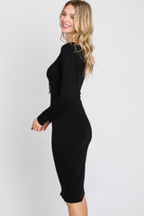 Black Ribbed Front Drawstring Midi Dress