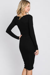 Black Ribbed Front Drawstring Midi Dress