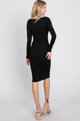 Black Ribbed Front Drawstring Midi Dress