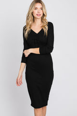 Black Ribbed Front Drawstring Midi Dress