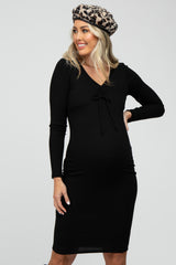 Black Ribbed Front Drawstring Maternity Midi Dress