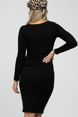 Black Ribbed Front Drawstring Maternity Midi Dress