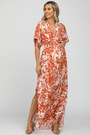 Coral Leaf Print V-Neck Maternity Maxi Dress