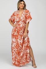 Coral Leaf Print V-Neck Maternity Maxi Dress