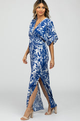 Navy Blue Leaf Print V-Neck Maxi Dress