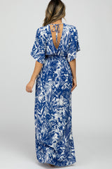 Navy Blue Leaf Print V-Neck Maxi Dress