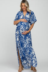 Navy Blue Leaf Print V-Neck Maternity Maxi Dress