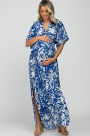 Navy Blue Leaf Print V-Neck Maternity Maxi Dress