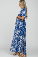 Navy Blue Leaf Print V-Neck Maternity Maxi Dress