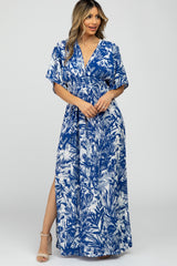 Navy Blue Leaf Print V-Neck Maxi Dress