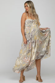 Grey Floral Front Tie Empire Maternity Maxi Dress