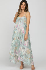 Light Blue Floral Front Tie Empire Maternity Maxi Dress