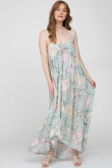 Light Blue Floral Front Tie Empire Maternity Maxi Dress