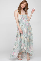 Light Blue Floral Front Tie Empire Maxi Dress