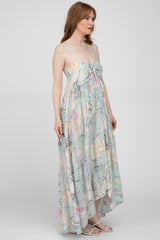 Light Blue Floral Front Tie Empire Maxi Dress