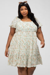 Mint Floral Pleated Square Neck Plus Dress