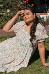 Mint Floral Pleated Square Neck Plus Dress