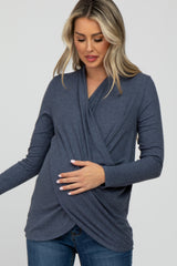 Navy Soft Ribbed Knit Maternity Wrap Top