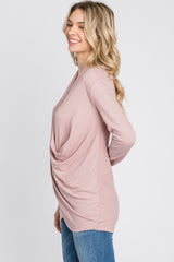 Light Pink Soft Ribbed Knit Wrap Top