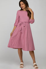 Mauve Ribbed Polka Dot Waist Tie Maternity Midi Dress