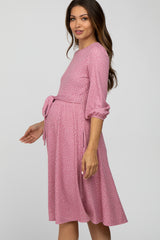 Mauve Ribbed Polka Dot Waist Tie Maternity Midi Dress