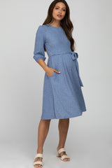 Blue Ribbed Polka Dot Waist Tie Maternity Midi Dress