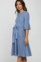 Blue Ribbed Polka Dot Waist Tie Maternity Midi Dress