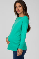 Green Ribbed Trim Side Slit Maternity Top