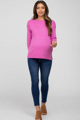 Fuchsia Ribbed Trim Side Slit Maternity Top