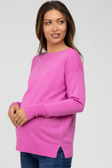 Fuchsia Ribbed Trim Side Slit Maternity Top