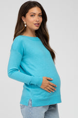 Aqua Ribbed Trim Side Slit Maternity Top