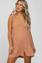 Salmon Square Neck Ruffle Strap Linen Maternity Romper