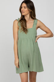 Mint Green Square Neck Ruffle Strap Linen Maternity Romper