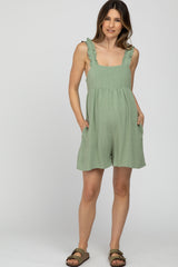 Mint Green Square Neck Ruffle Strap Linen Maternity Romper