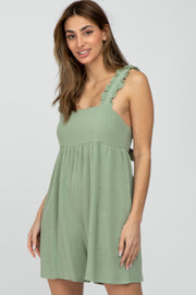 Mint Green Square Neck Ruffle Strap Linen Romper