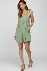 Mint Green Square Neck Ruffle Strap Linen Romper