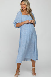 Light Blue Spotted Smocked Maternity Midi Dress