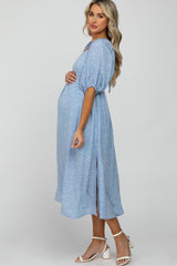 Light Blue Spotted Smocked Maternity Midi Dress