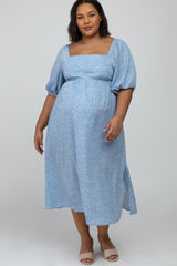 Light Blue Dot Print Plus Maternity Midi Dress